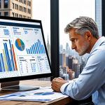 **A wise, experienced angel investor thoughtfully reviewing business proposals, surrounded by market analysis charts and financial documents, with a backdrop of a modern, bustling city.** (Focus: Emphasizes experience, market understanding, and the urban investment landscape)