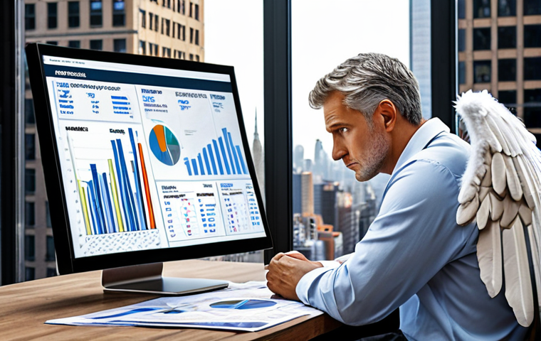 **A wise, experienced angel investor thoughtfully reviewing business proposals, surrounded by market analysis charts and financial documents, with a backdrop of a modern, bustling city.** (Focus: Emphasizes experience, market understanding, and the urban investment landscape)